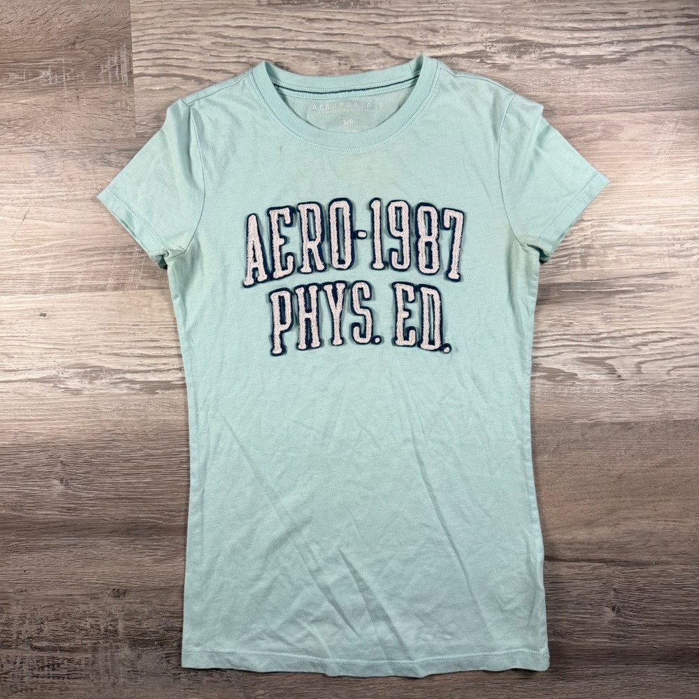 Y2K Aeropostale Womens Aero 1987 Phys Ed Graphic Embroidered T-Shirt Aqua Blue S